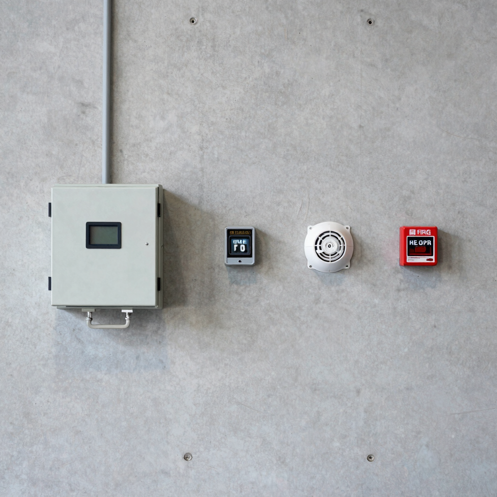 Technician installing a fire alarm system in a commercial building