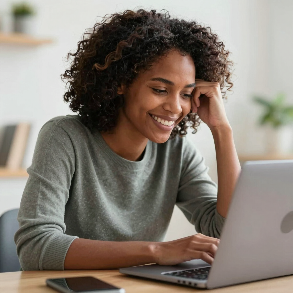 A cozy workspace with a laptop, a cup of tea, and soft orange accents reflecting calm and focus.
