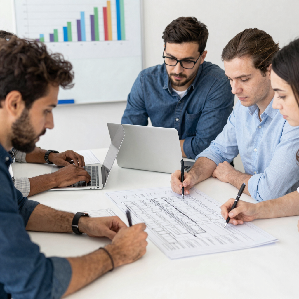 A small team gathered around a table, collaborating with charts and notes.