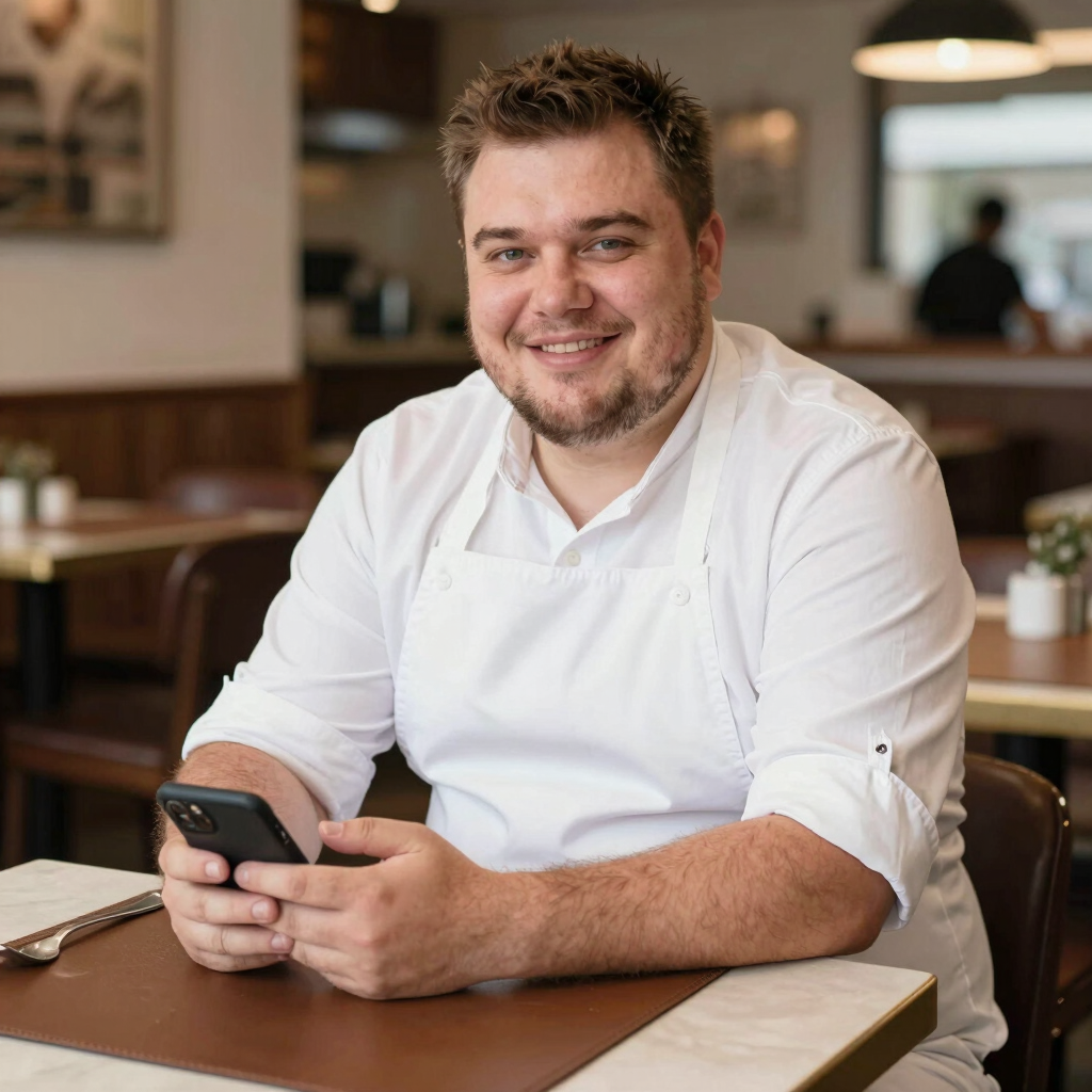 foto de un cliente contento en un restaurant, posiblemente el dueño del local