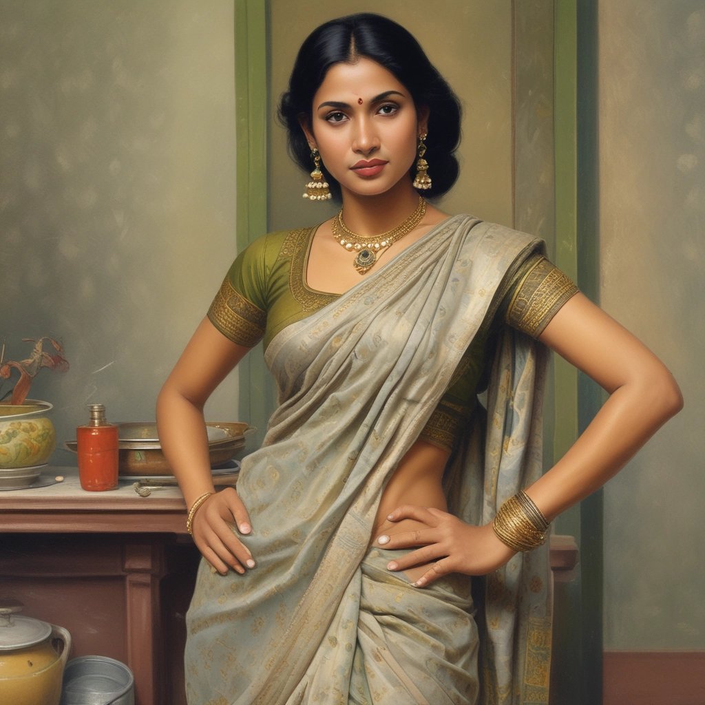 A warm, candid portrait of a Bengali housewife in traditional attire, set against a cozy Kolkata home backdrop.