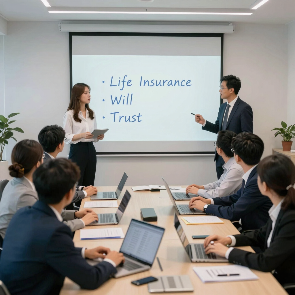 A friendly team of consultants discussing insurance plans with clients in a bright office.