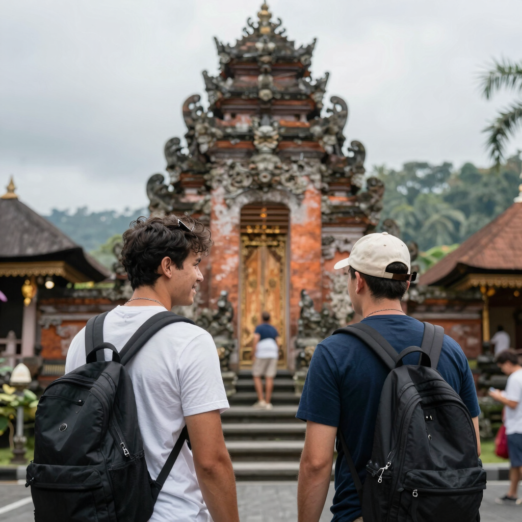 A smiling local driver welcoming guests beside a comfortable car in lush Ubud surroundings.