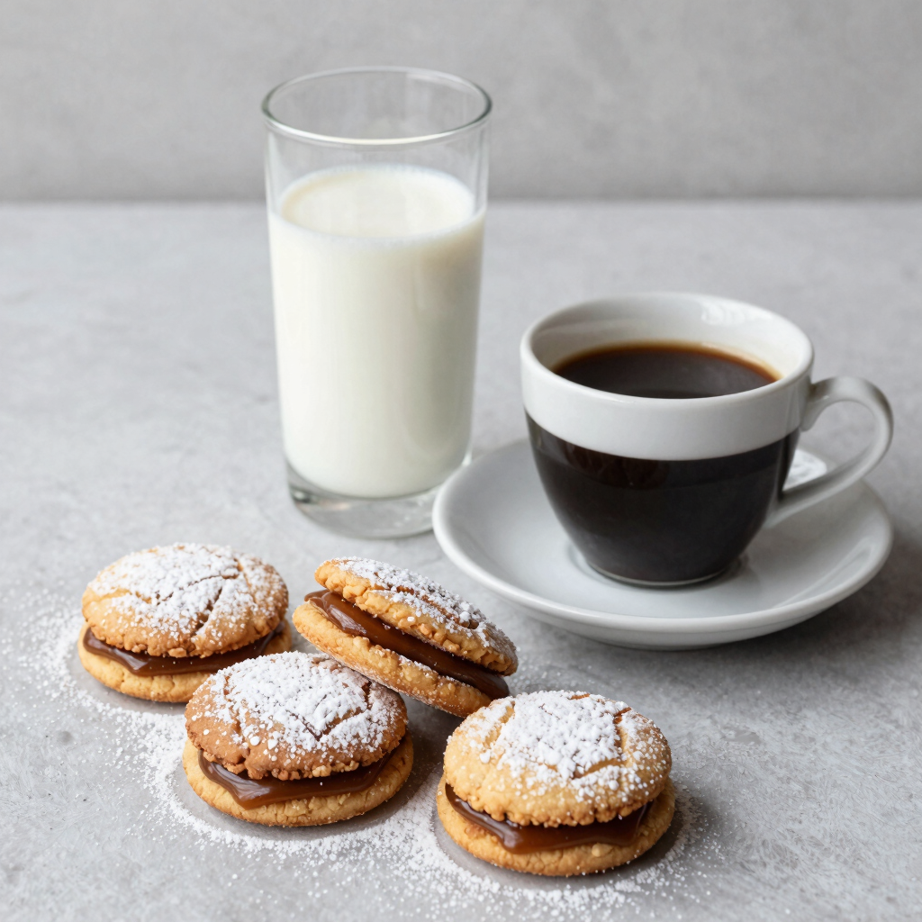 Close-up of a stack of golden alfajores with creamy dulce de leche filling, dusted lightly with powdered sugar.