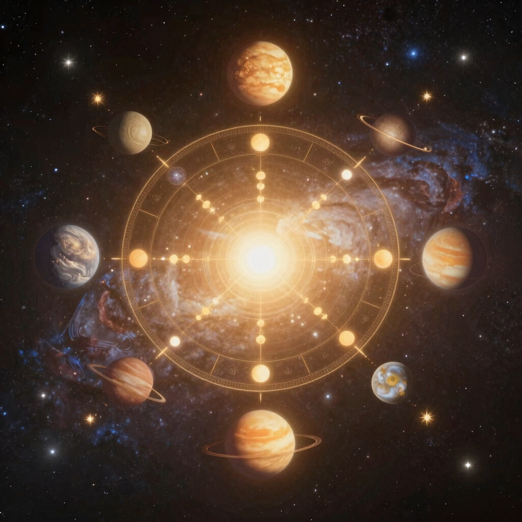 A serene golden-hued illustration of a traditional astrology chart glowing softly against a calm background.