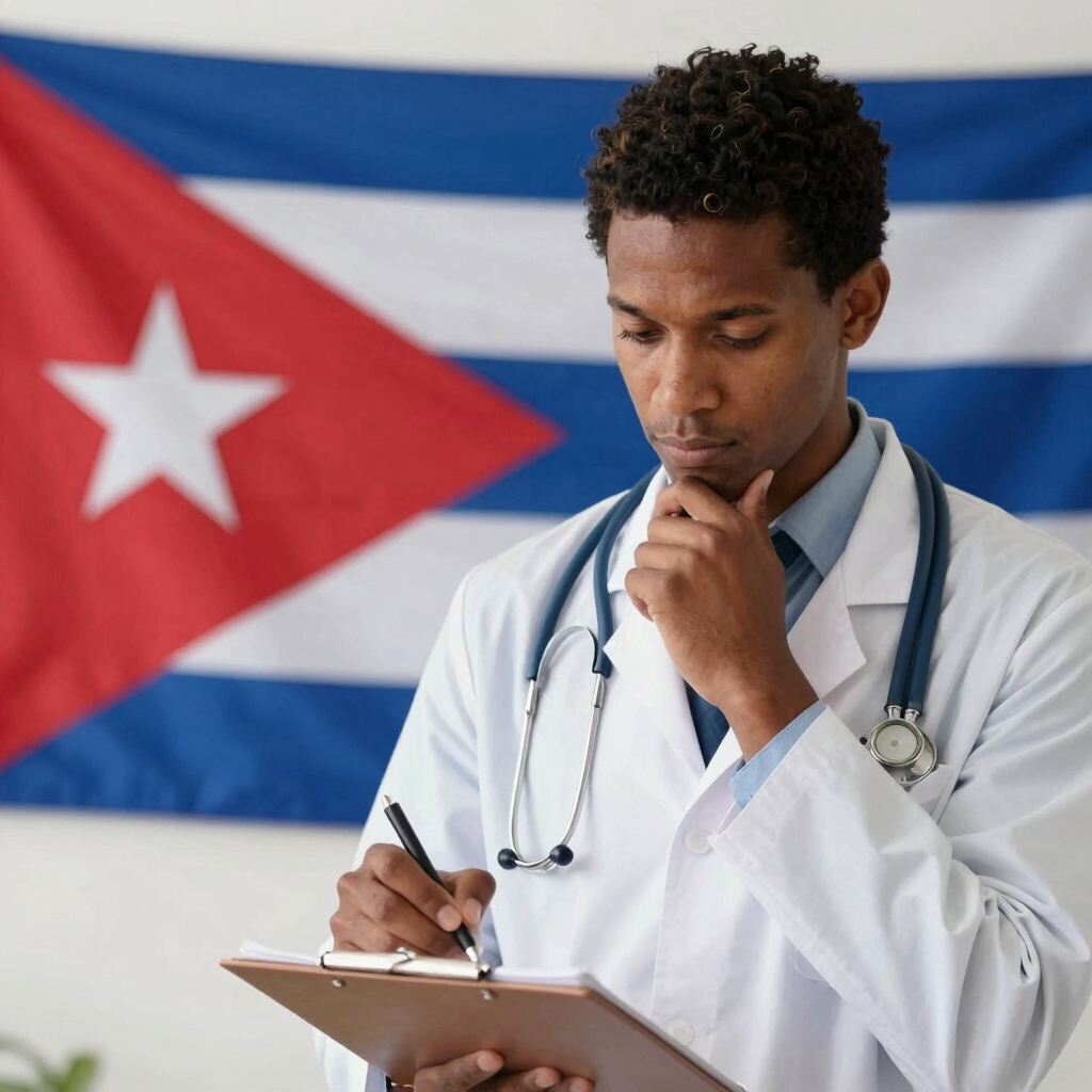 A warm, welcoming medical professional reviewing documents with a Cuban flag softly visible in the background