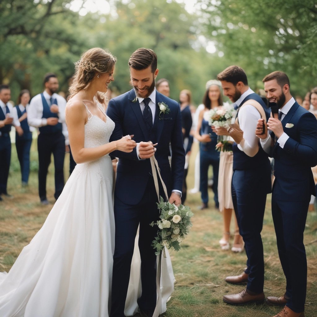 Close-up of hands exchanging wedding rings with blurred floral background
