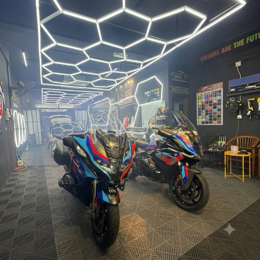 BMW touring motorcycles with matching blue red custom graphic wraps