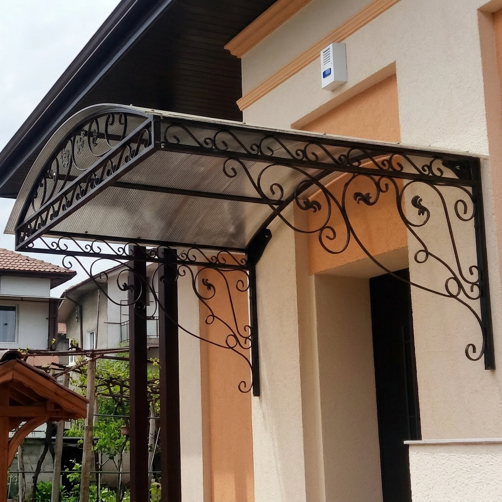 Ornate black wrought iron door awning with polycarbonate roof installed over a home entrance.