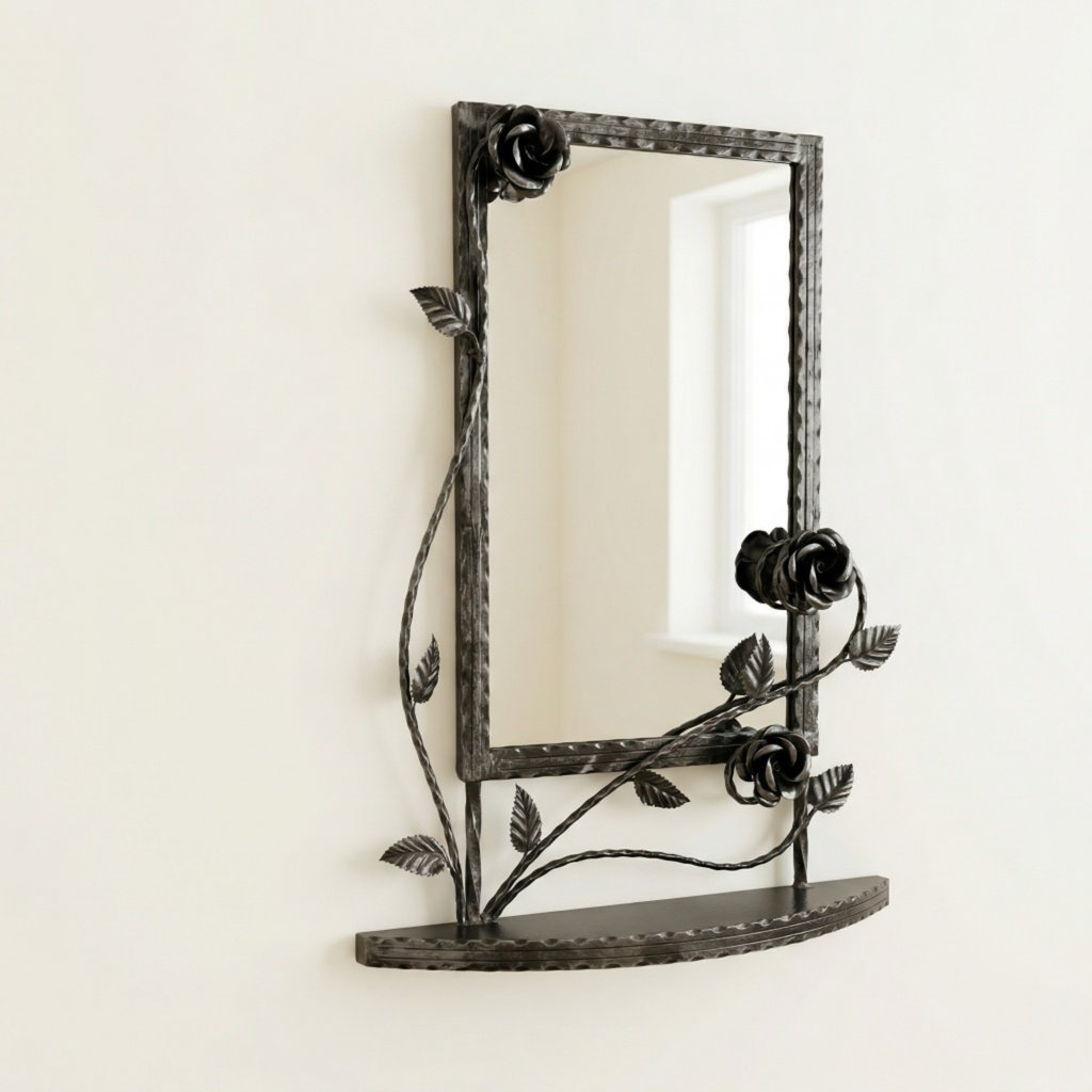 Hand-forged wrought iron wall mirror with decorative metal roses and a small shelf.