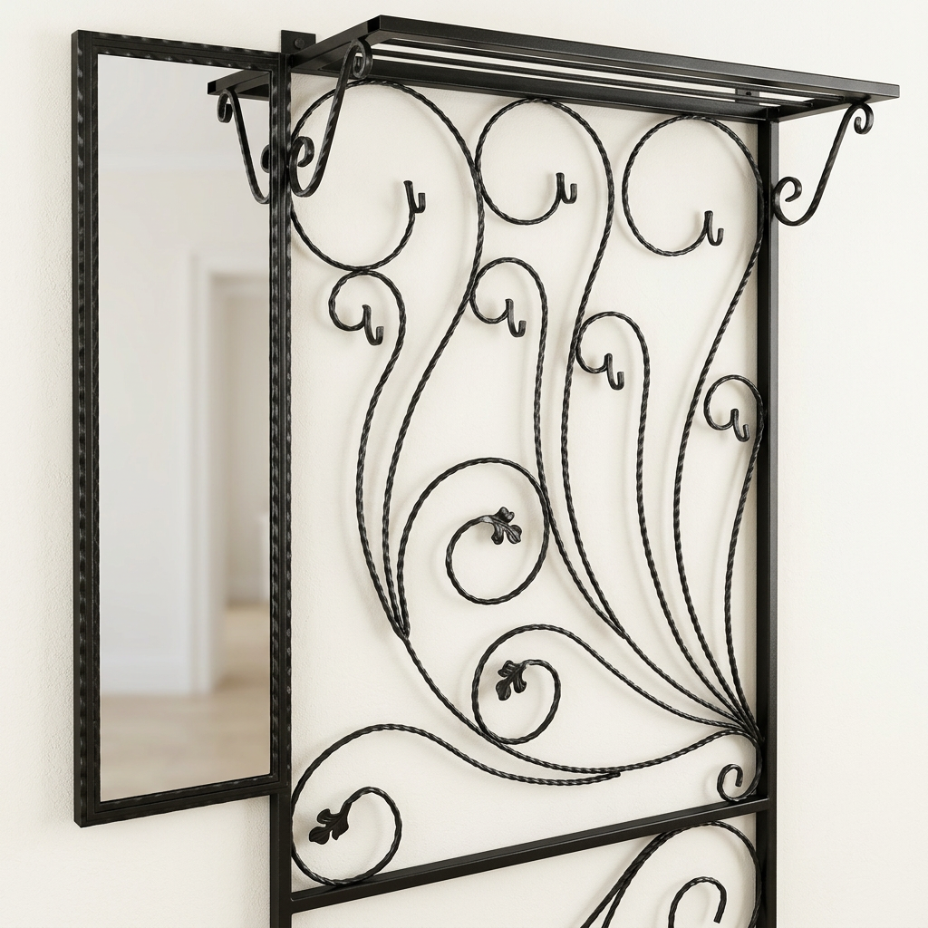 Black wrought iron wall-mounted coat rack with scrollwork, hooks, shelf, and a mirror.