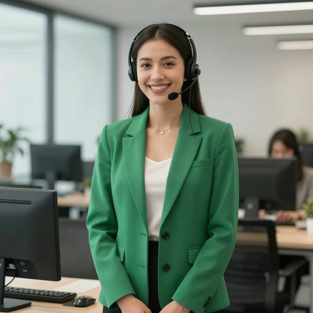 A smiling customer service representative wearing a headset and green blazer in a modern office.