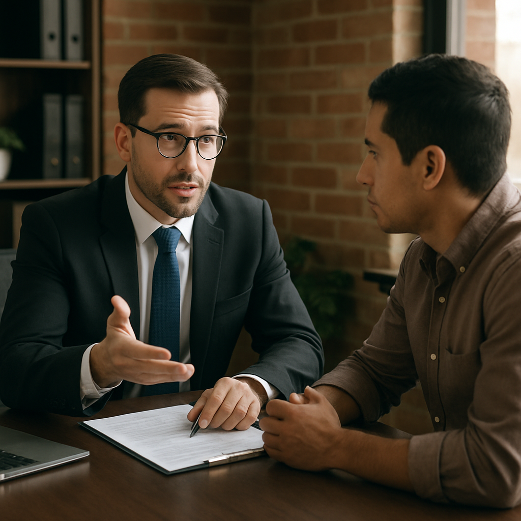 A counselor speaking warmly to a migrant client during a legal referral appointment.