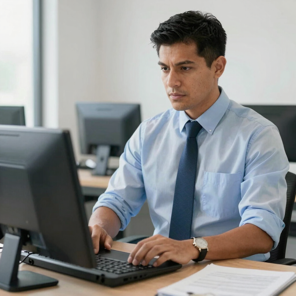 A friendly advisor helping a migrant fill out employment forms in a bright office.