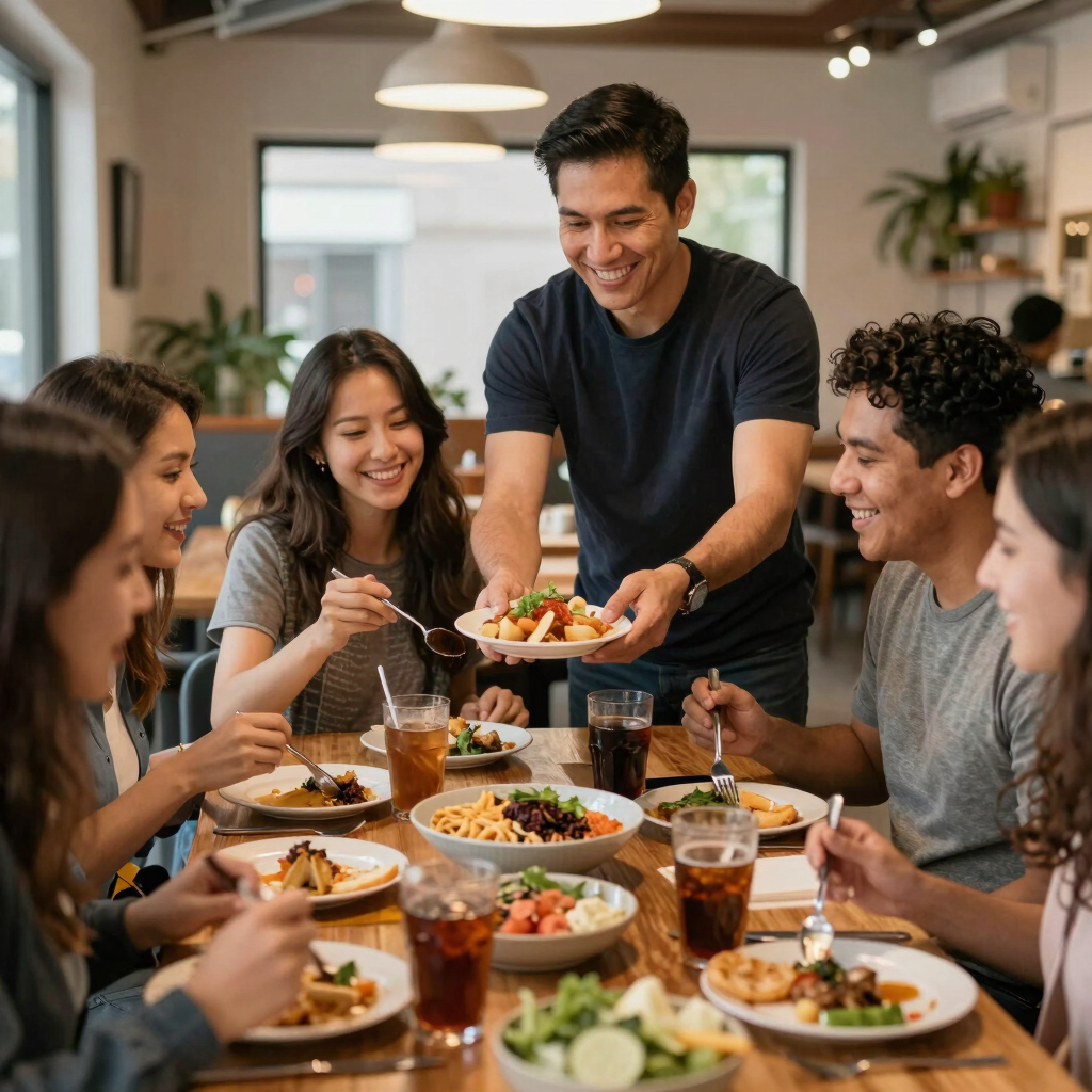 A warm community gathering where migrants share stories and laughter around a table filled with homemade dishes.