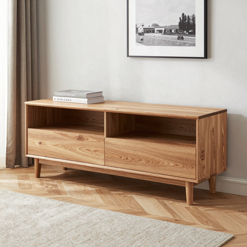Mid-century modern light wood TV stand and media console with sliding doors and open shelving.