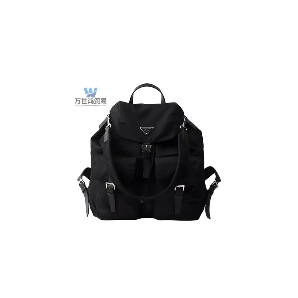 Black designer nylon backpack with silver buckles and front utility pockets on a white background.