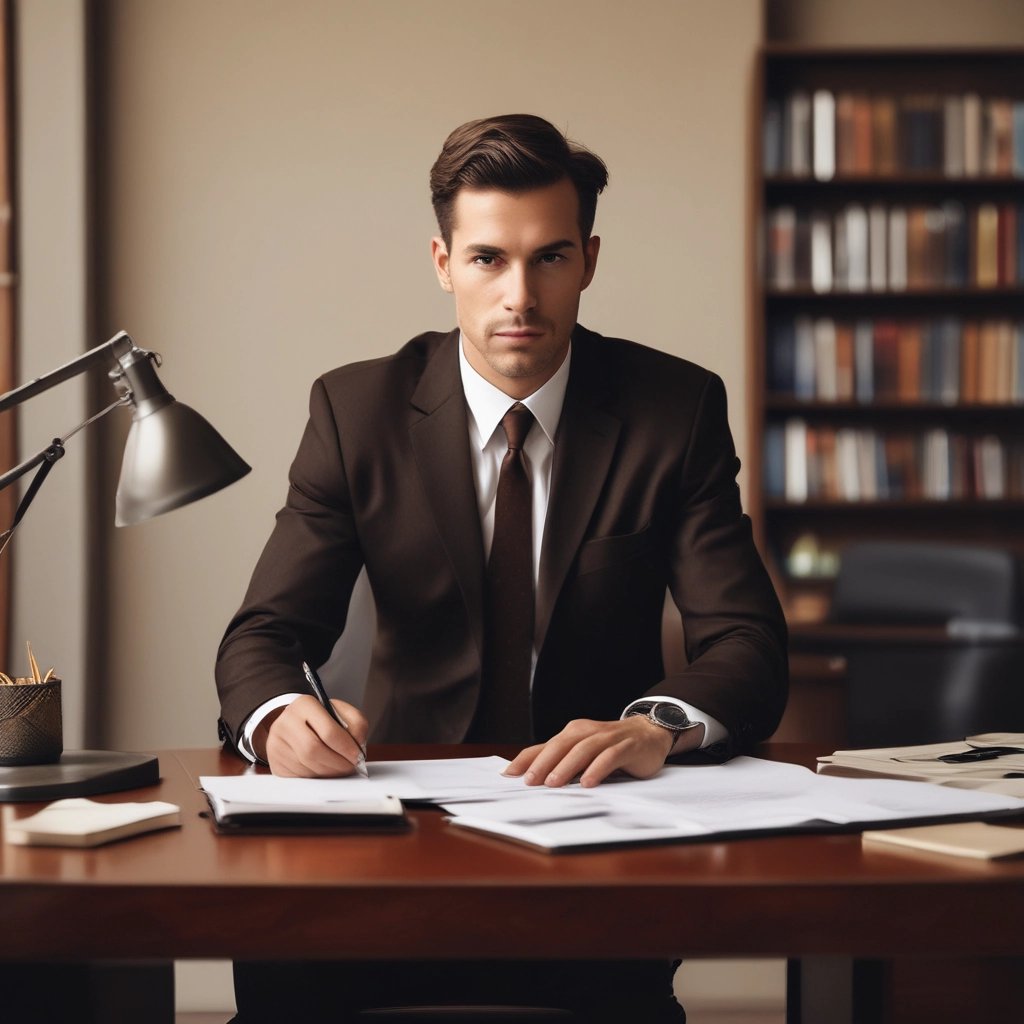 Professional consultant advising clients in a clean, structured office