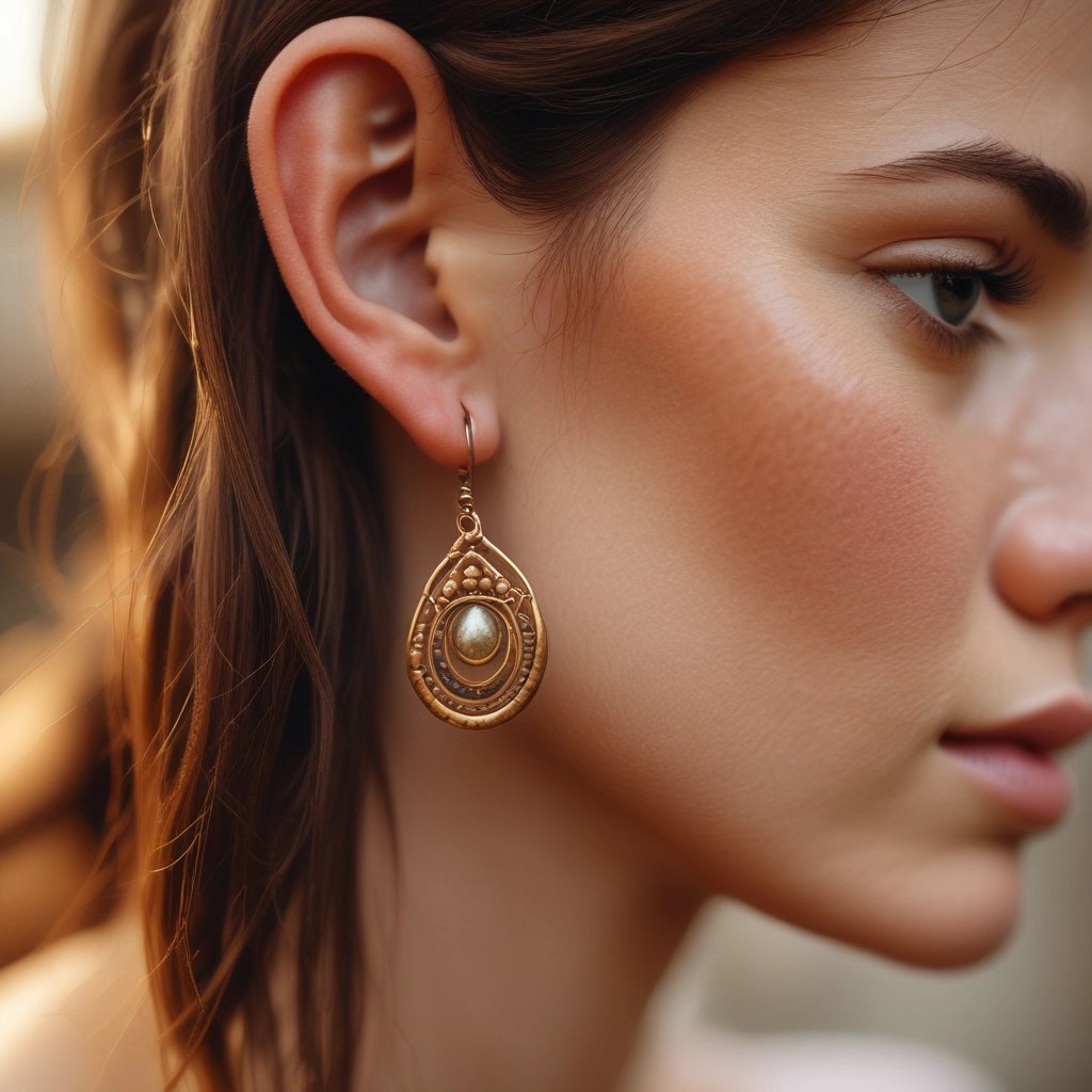 mujer que luce elegantes pendientes bohemios dorados