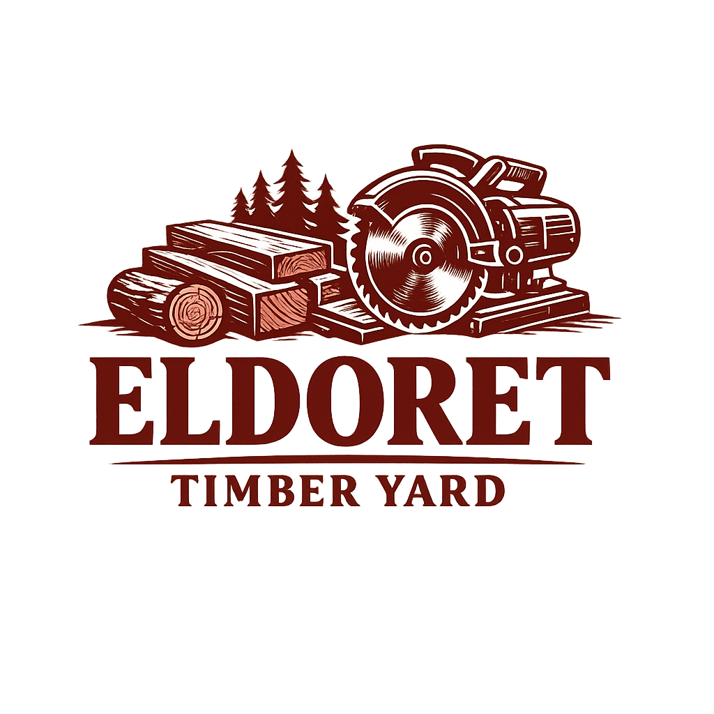 Eldoret Timber Yard logo featuring a circular saw machine and wood planks for carpentry.