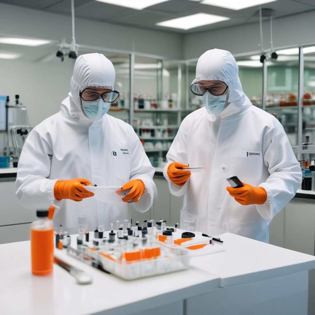 Two individuals are wearing blue protective suits, masks, and goggles in a sterile laboratory environment. One is holding a test tube with an orange cap, while the other holds a digital tablet displaying information. A tray with other test tubes is visible, indicating they are involved in some form of scientific or medical research.