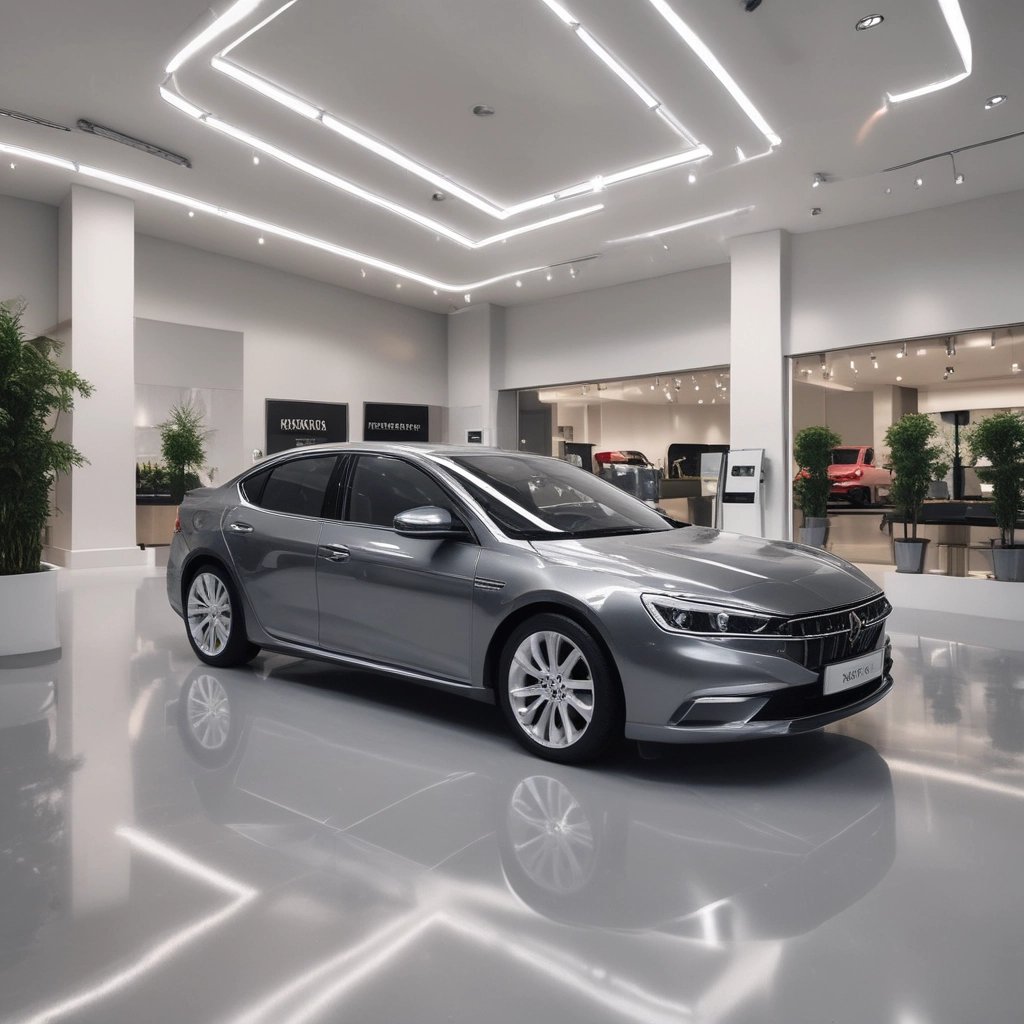 A luxury vehicle in a showroom setting, with a prominent front grille and sleek design. The environment is well-lit, showcasing multiple high-end cars on display.