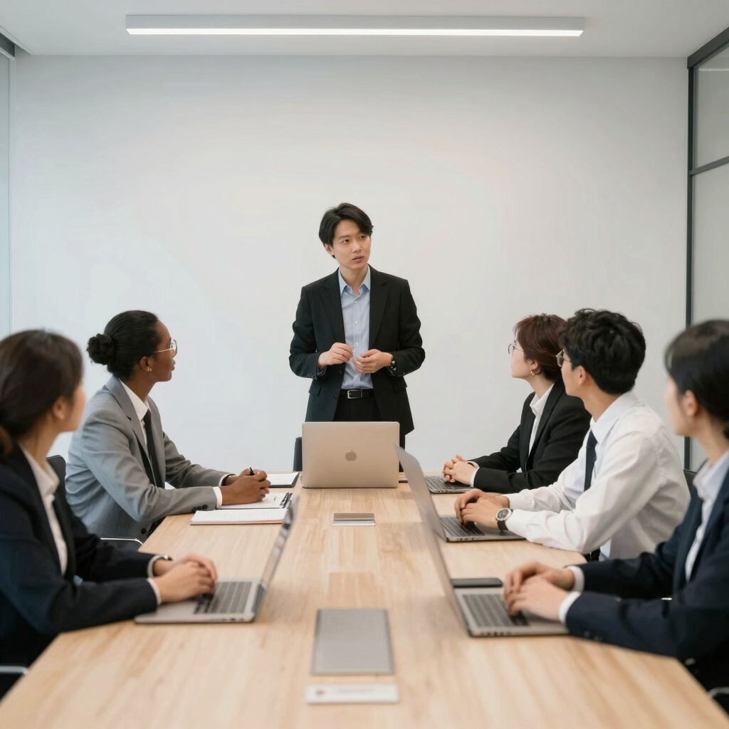 A sleek, modern corporate office environment with people collaborating over documents and laptops, emphasizing global teamwork.