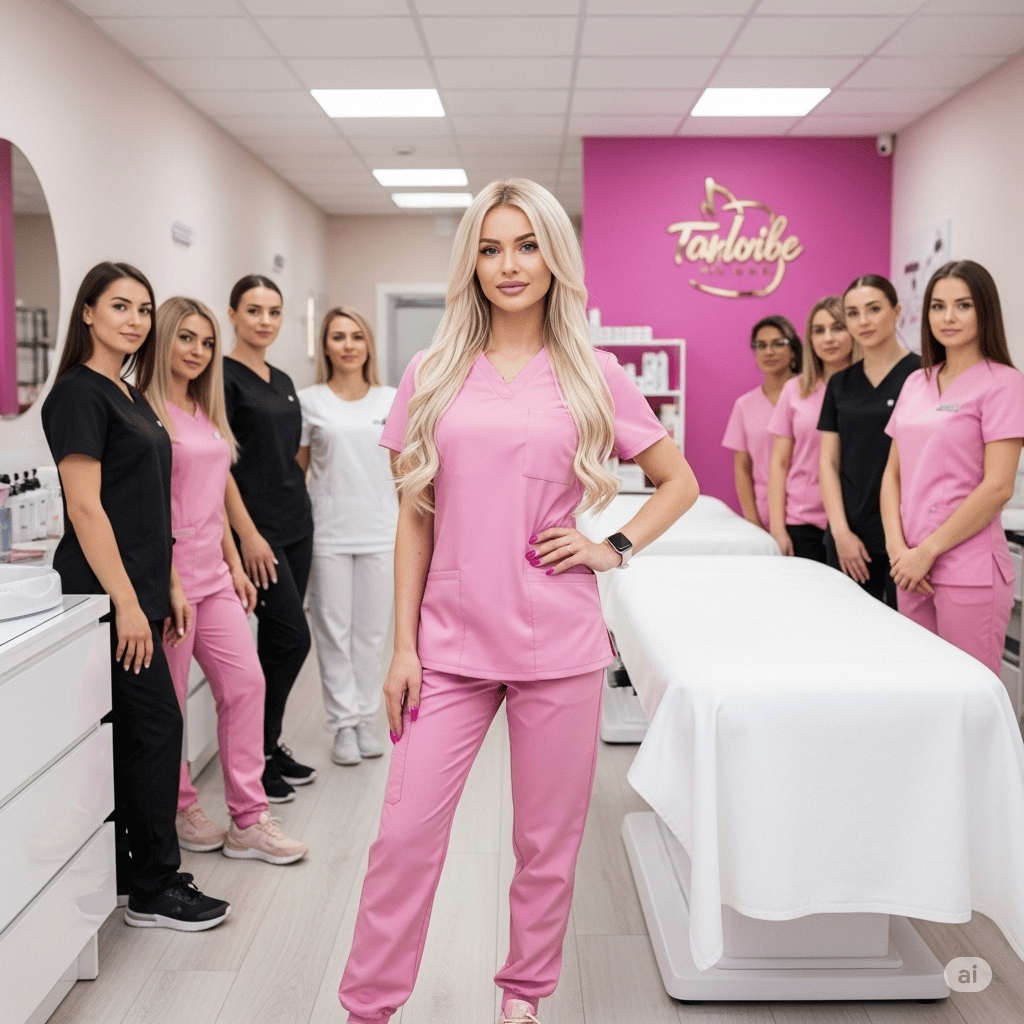 a woman in pink scrubs standing in a room with other beauticians