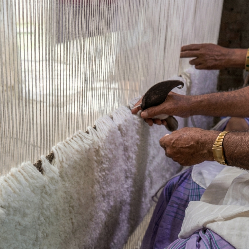 Artisans using traditional tools to hand-weave a textured white wool rug on a vertical loom.