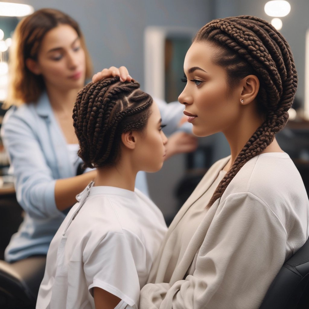 A person is seated in a hair salon with a cape around their shoulders. Another individual is styling their hair using a comb. The salon has bright decorations on the wall, including flowers, and there are various hair styling tools and products on a counter.