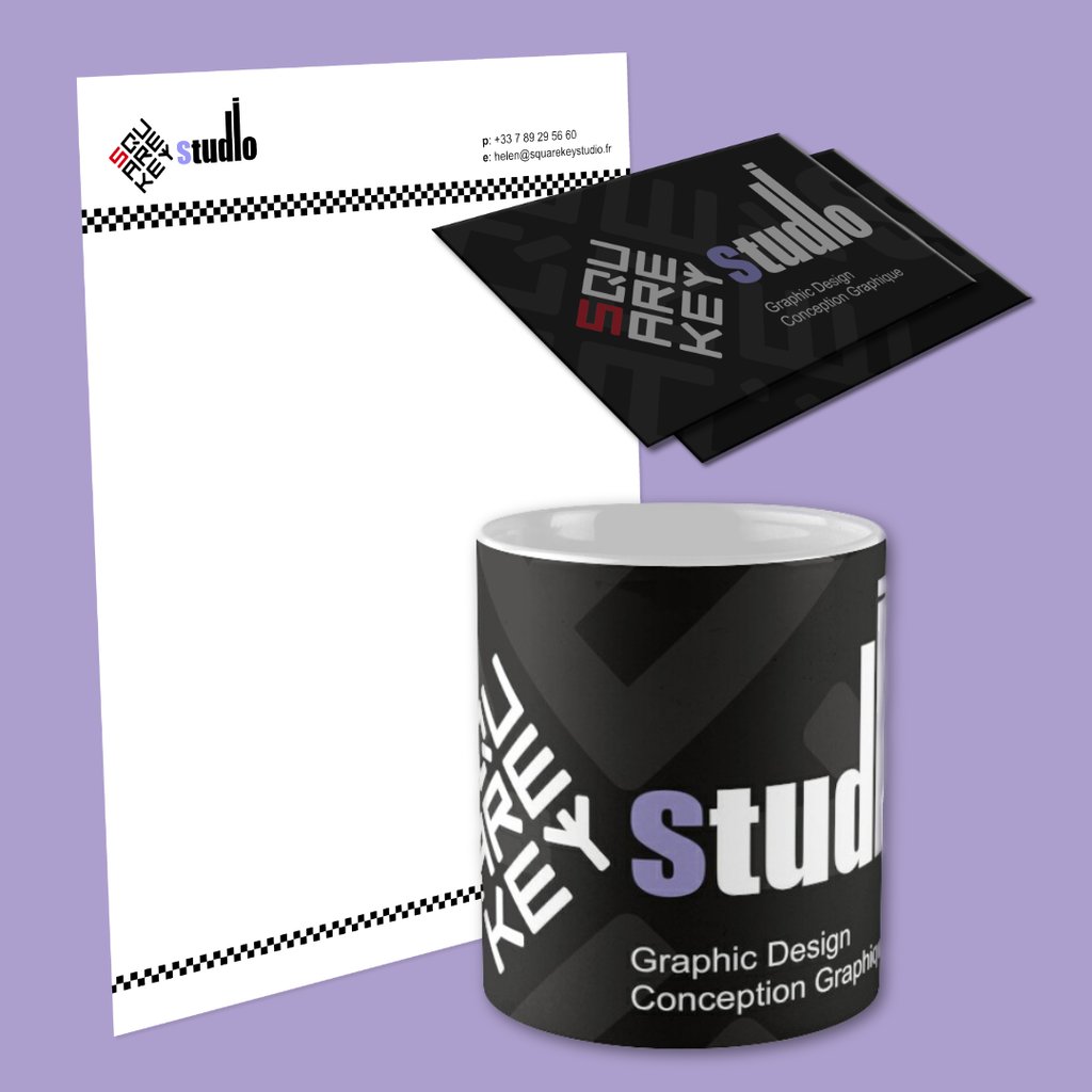 Branded items from SquareKeyStudio. Business stationery, business cards, mugs
