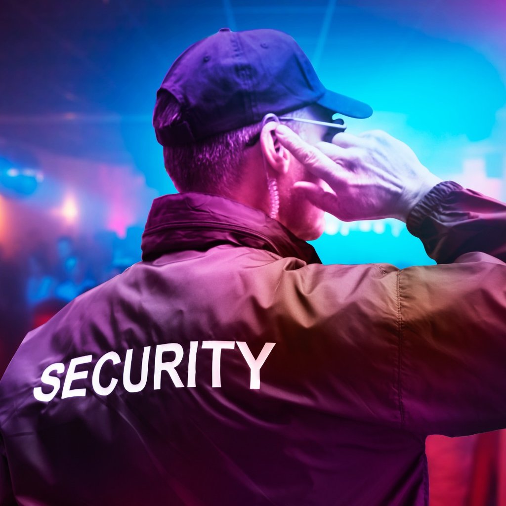 A Security Guard inside an event communicating in the radio