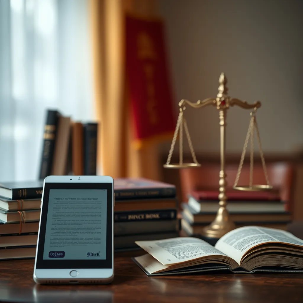 imagem de celular em uma mesa com livros e a balança da justiça