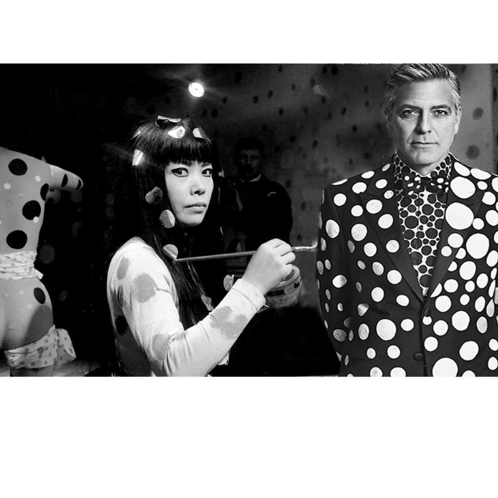 an artist Kusama painting a man George Clooney in polka dotty dress clothes