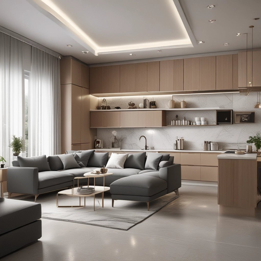A modern kitchen with dark grey cabinets and beige accents.