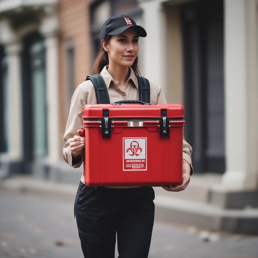 A person wearing a black cap and a black polo shirt with a courier service logo holds a large cardboard box. The background is a plain light gray, and the person appears to be smiling slightly.