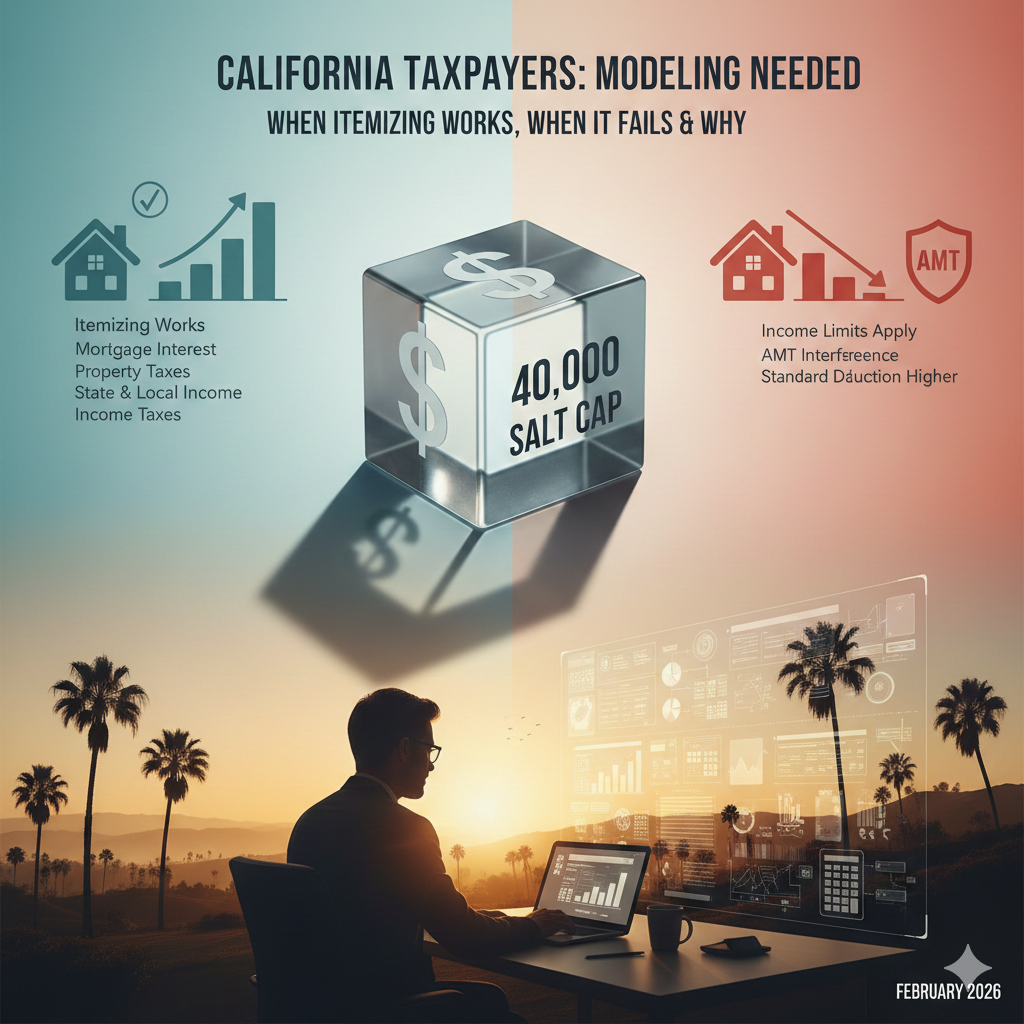 Infographic comparing benefits and drawbacks of the $40,000 SALT cap for California taxpayers