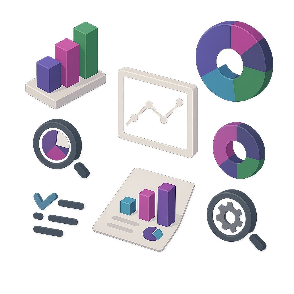 3D isometric data analytics icons showing bar charts, pie graphs, and line charts for business reports.