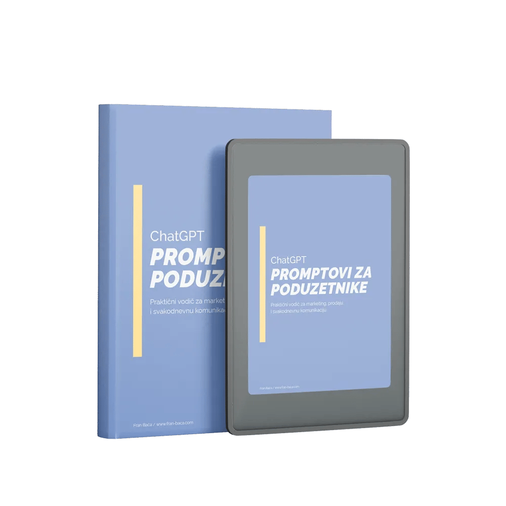 ChatGPT promptovi za male poduzetnike – ebook vodič prikazan na tabletu i kao knjiga, za marketing, prodaju i komunikaciju