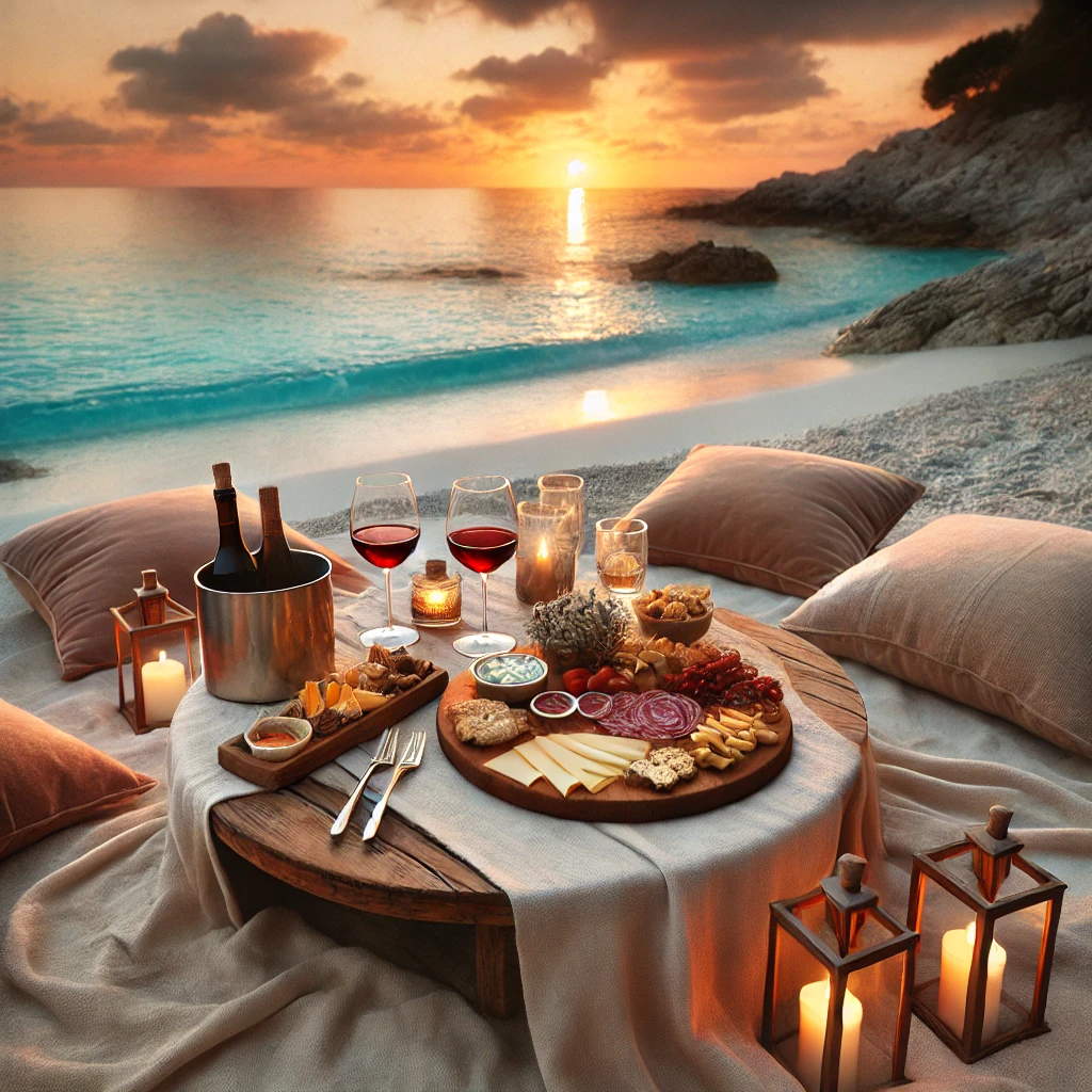 Un picnic romántico en la costa mediterránea al atardecer. Una mesa baja de madera rústica con una t