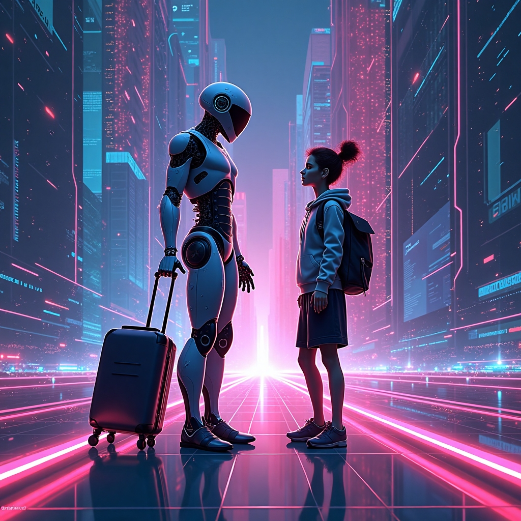 A Robot symbolising AI talking to a girl which symbolises humanity