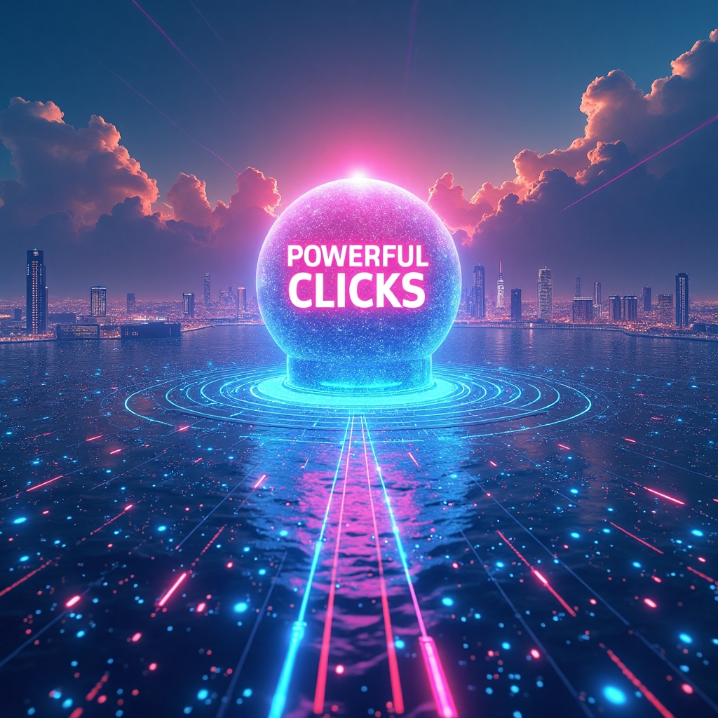 a futuristic looking image with text "powerful clicks"