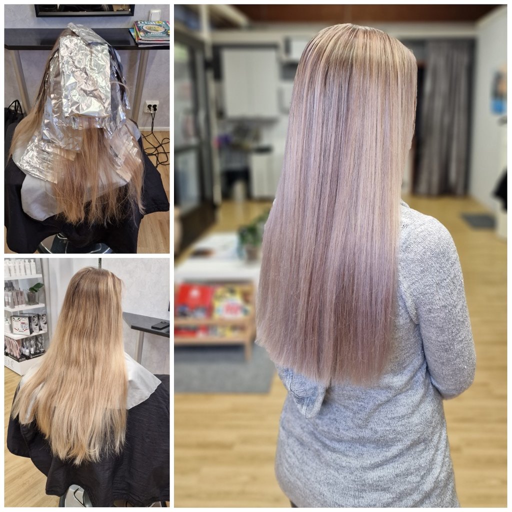 Pitkien hiusten raidoitus + sävytys. Kampaamo Studio naava Raisiossa