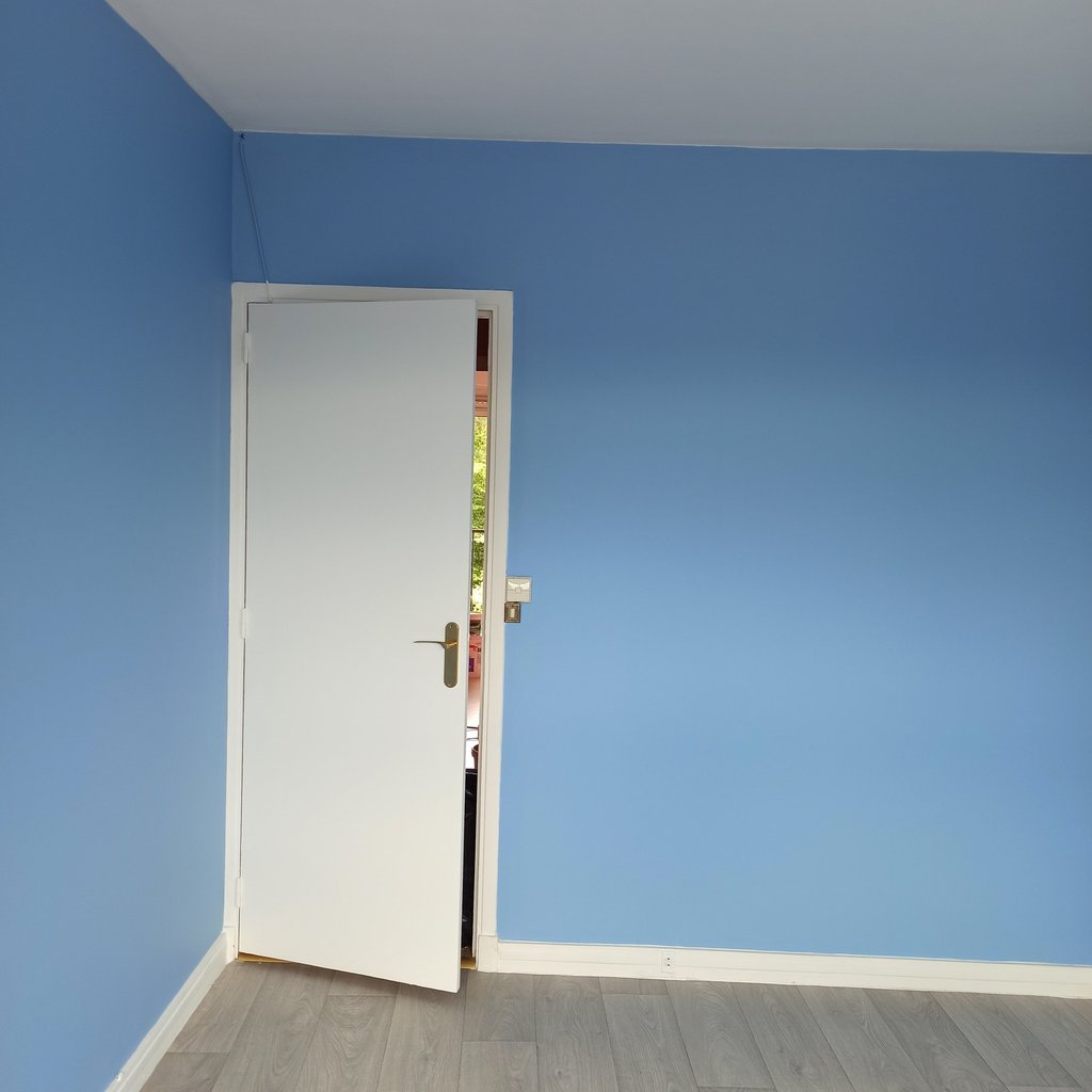 Intérieur moderne avec murs peints en bleu, parquet gris et porte blanche ouverte.