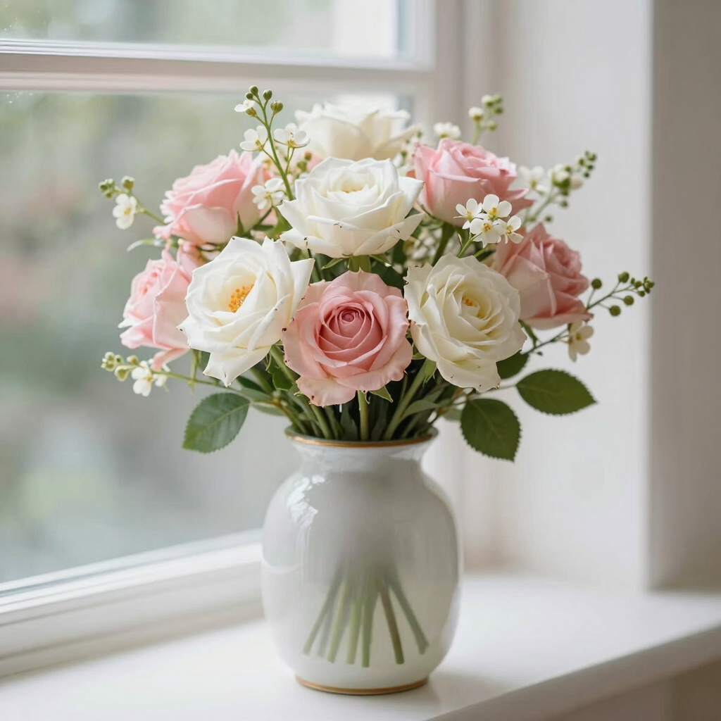 a table topped with a basket of flowers next to a bike