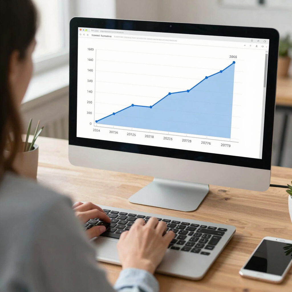 Close-up of a satisfied client smiling while using a laptop in a cozy workspace.