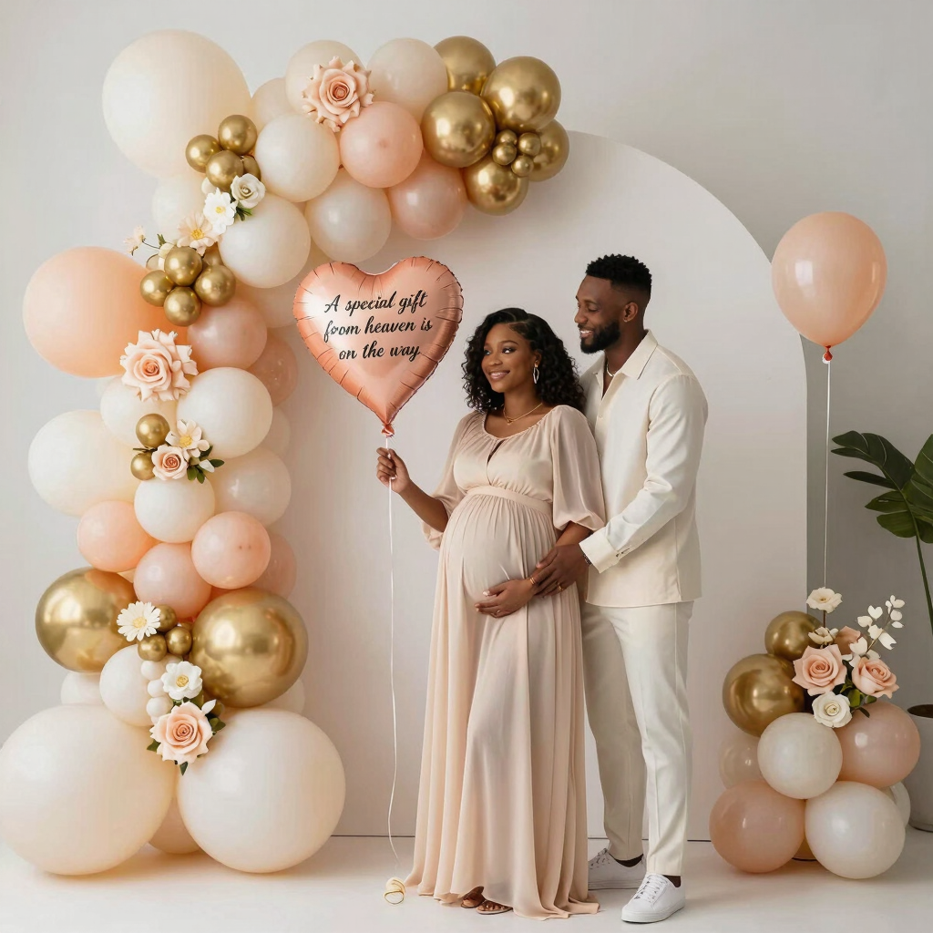 African American Couple baby girl shower background in colors of ivory, peach and gold