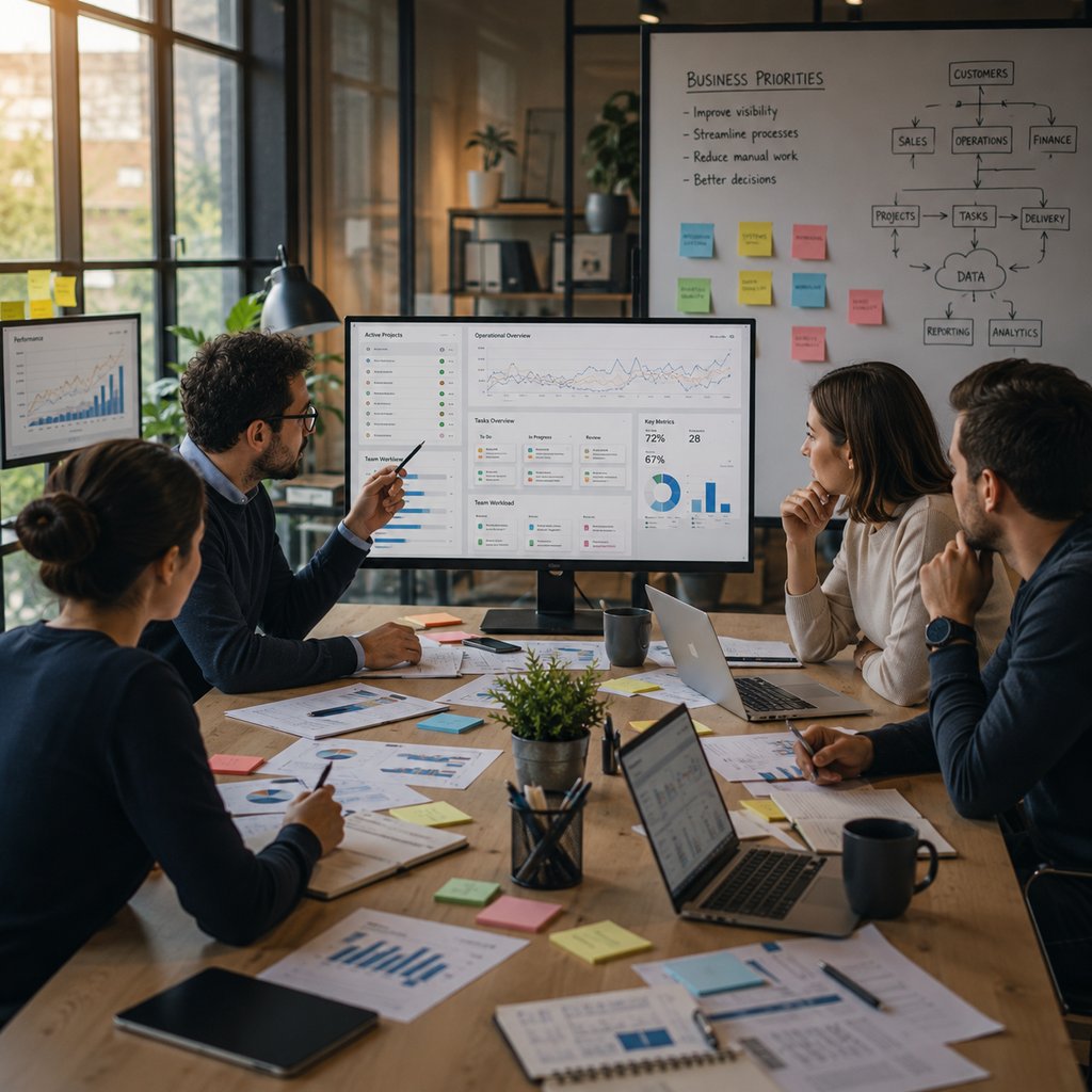 Business professionals coordinating operations, workflows and business software solutions in a growing organization.
