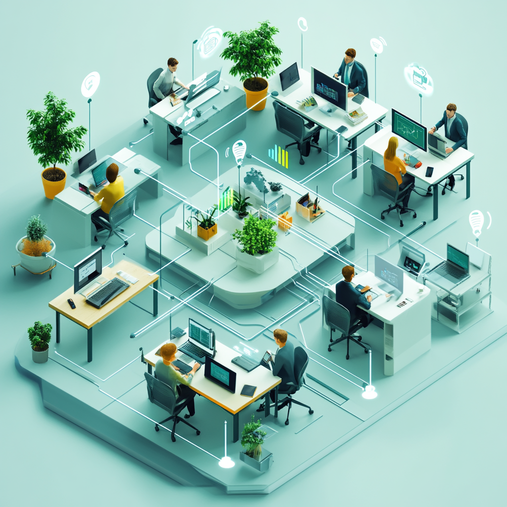 a group of people working on computers and sitting at desks