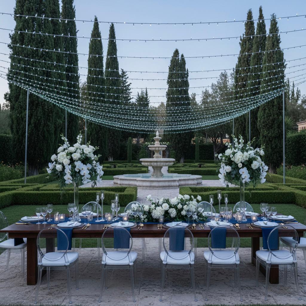 Montaje de cena de gala nocturna en exterior con iluminación de guirnaldas LED en Málaga